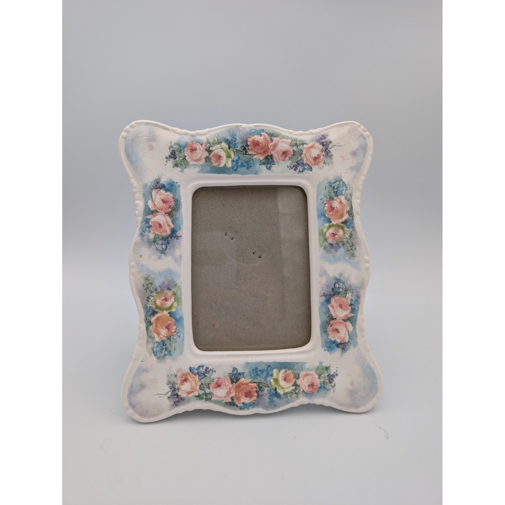 Vtg 1989 Terragrafics Ceramic Picture Frame Pink Rose Floral Cottagecore Scallop